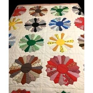 Vintage Patchwork DRESDEN PLATE Hand Stitch APPLIQUE QUILT Handmade Signed 82X98